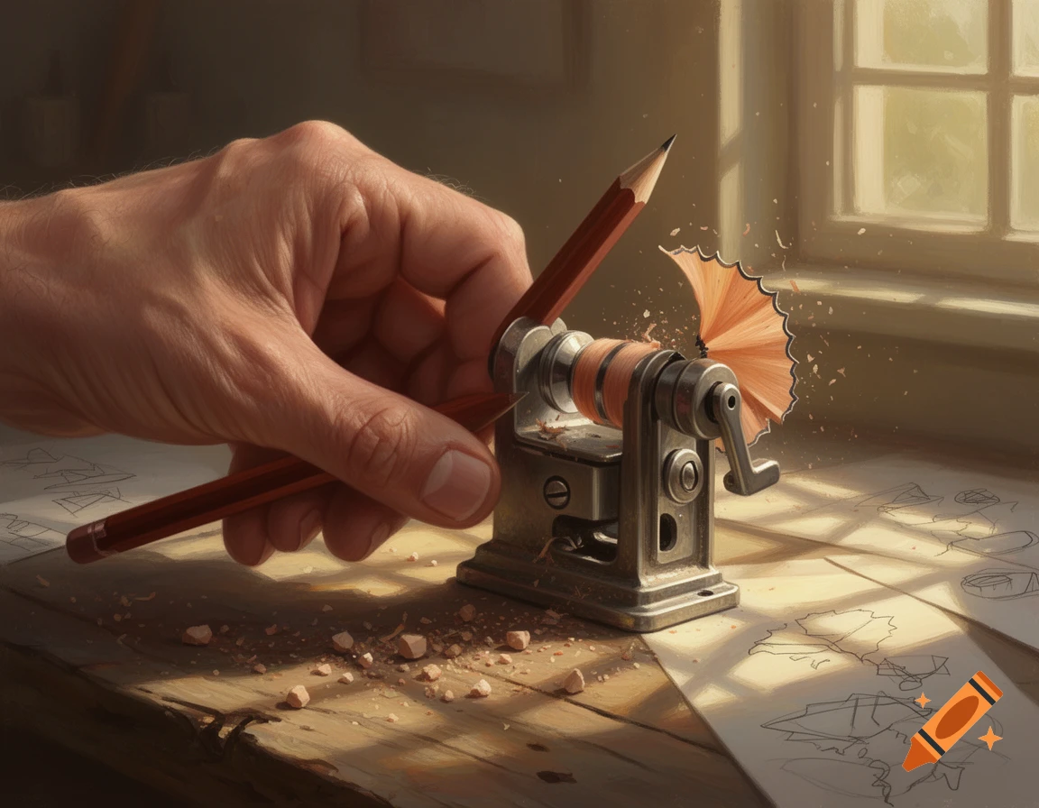 Close-up of a hand sharpening a pencil with an old-fashioned desk sharpener, with pencil shavings and sketches on a sunlit wooden desk.