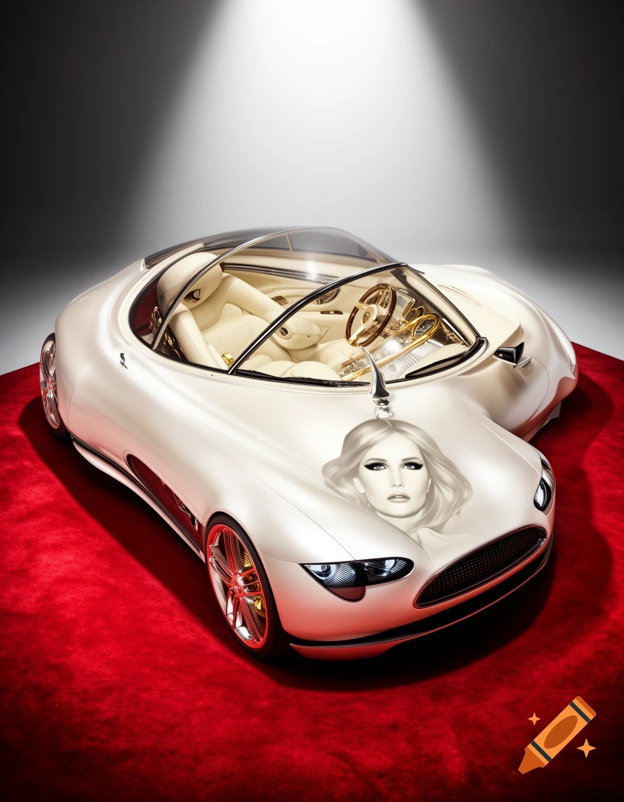 A futuristic, elegant white concept car with a stylized woman's face on its hood sits on a red carpet under a spotlight.