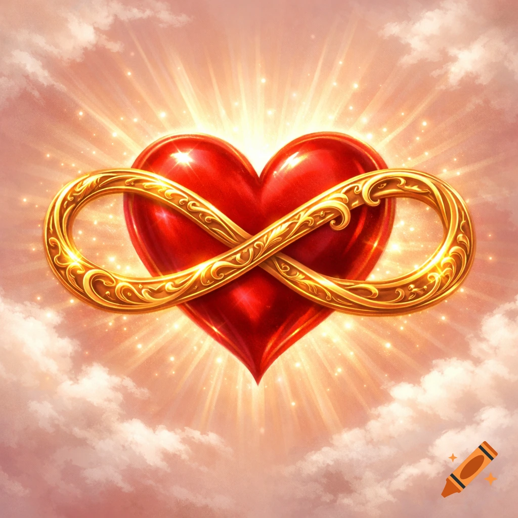 A vibrant red heart with an ornate golden infinity symbol wrapped around it, glowing brightly amidst clouds and light rays.