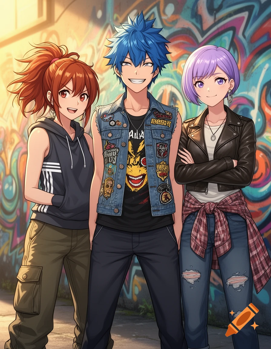 Three anime-style characters, two girls and one boy, stand smiling in front of a colorful graffiti-covered wall under a bright sky.