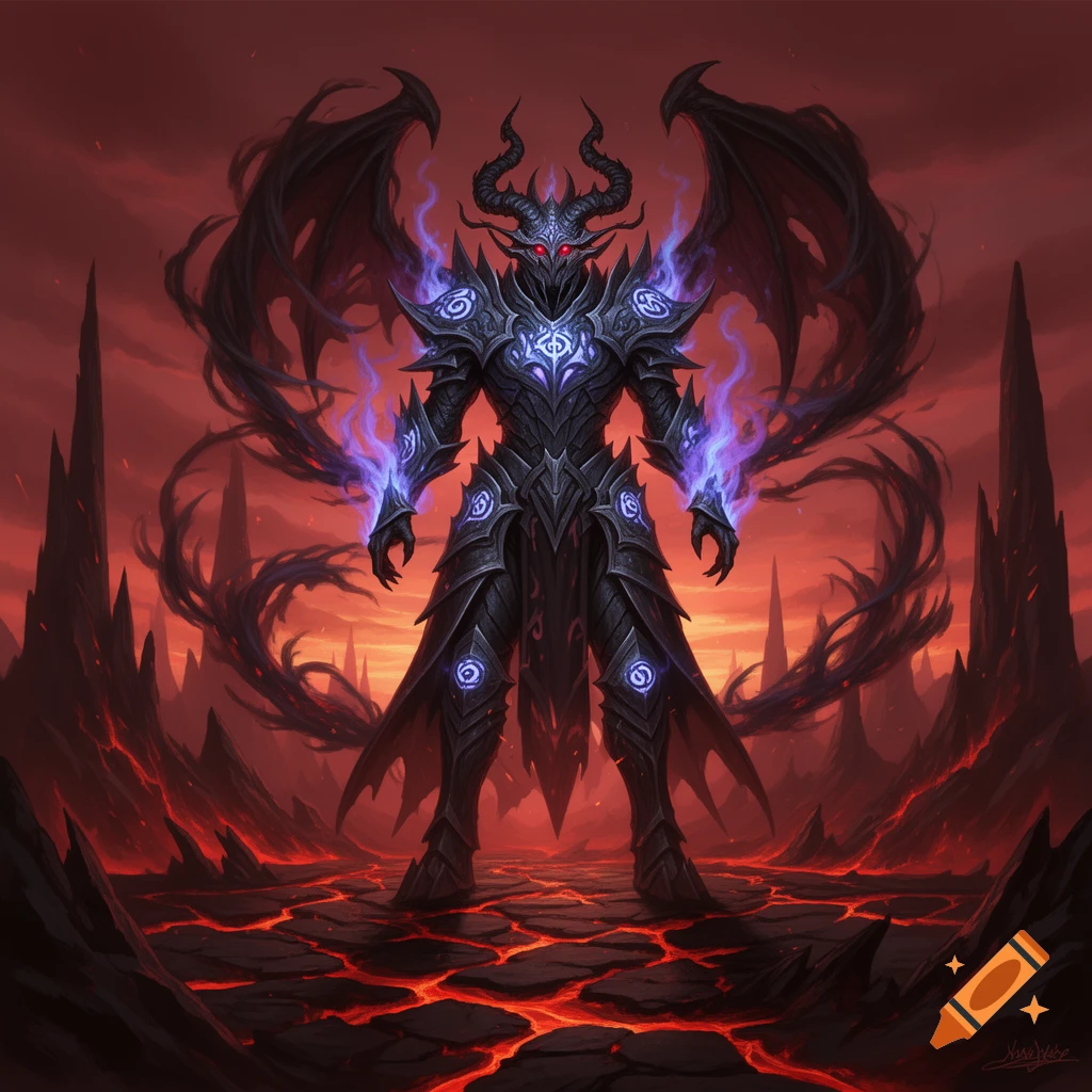 A powerful demon lord in ornate black mage armor with glowing blue symbols and fiery red eyes stands in a volcanic, hellish landscape.
