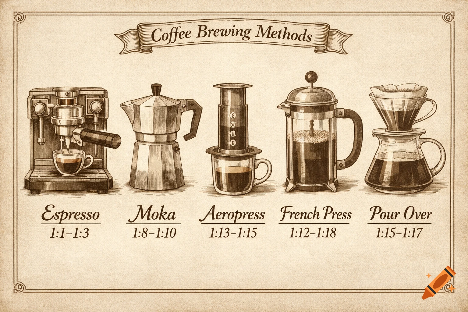 Vintage-style illustration of five coffee brewing methods: Espresso, Moka, Aeropress, French Press, and Pour Over, with their respective coffee-to-water ratios displayed below each.
