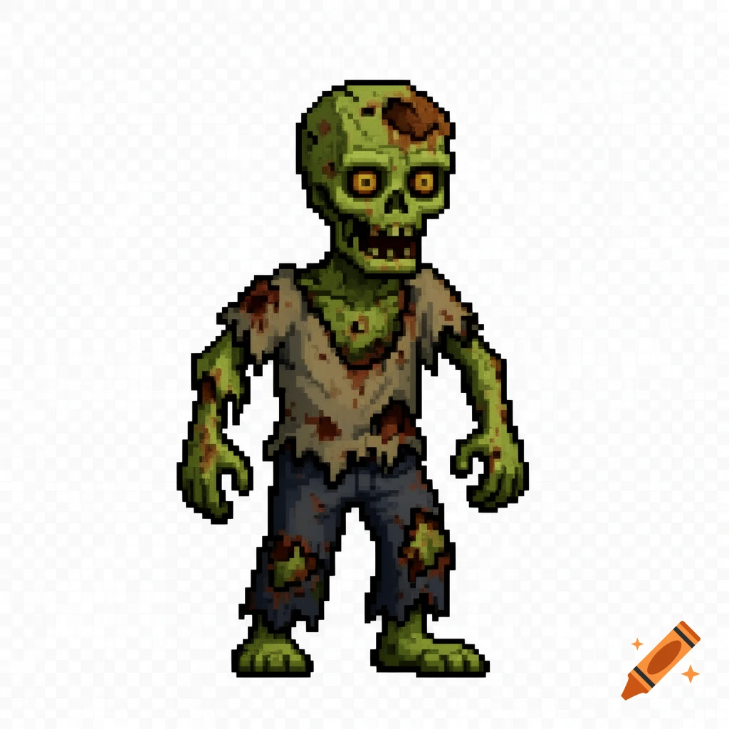 A pixel art zombie with green skin, tattered clothes, and yellow eyes, on a transparent background.
