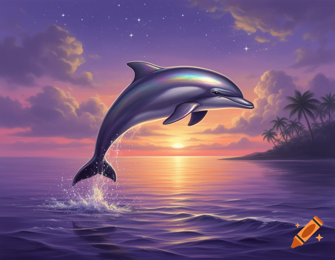 A vibrant dolphin leaps from purple ocean waters into a sky lit by an orange and purple sunset with distant palm trees.