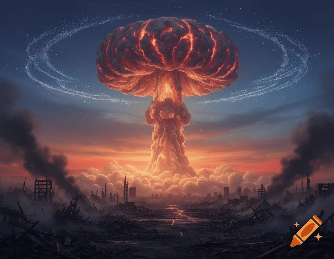 A massive atomic bomb mushroom cloud rises above a devastated cityscape under a dramatic, fiery sunset.