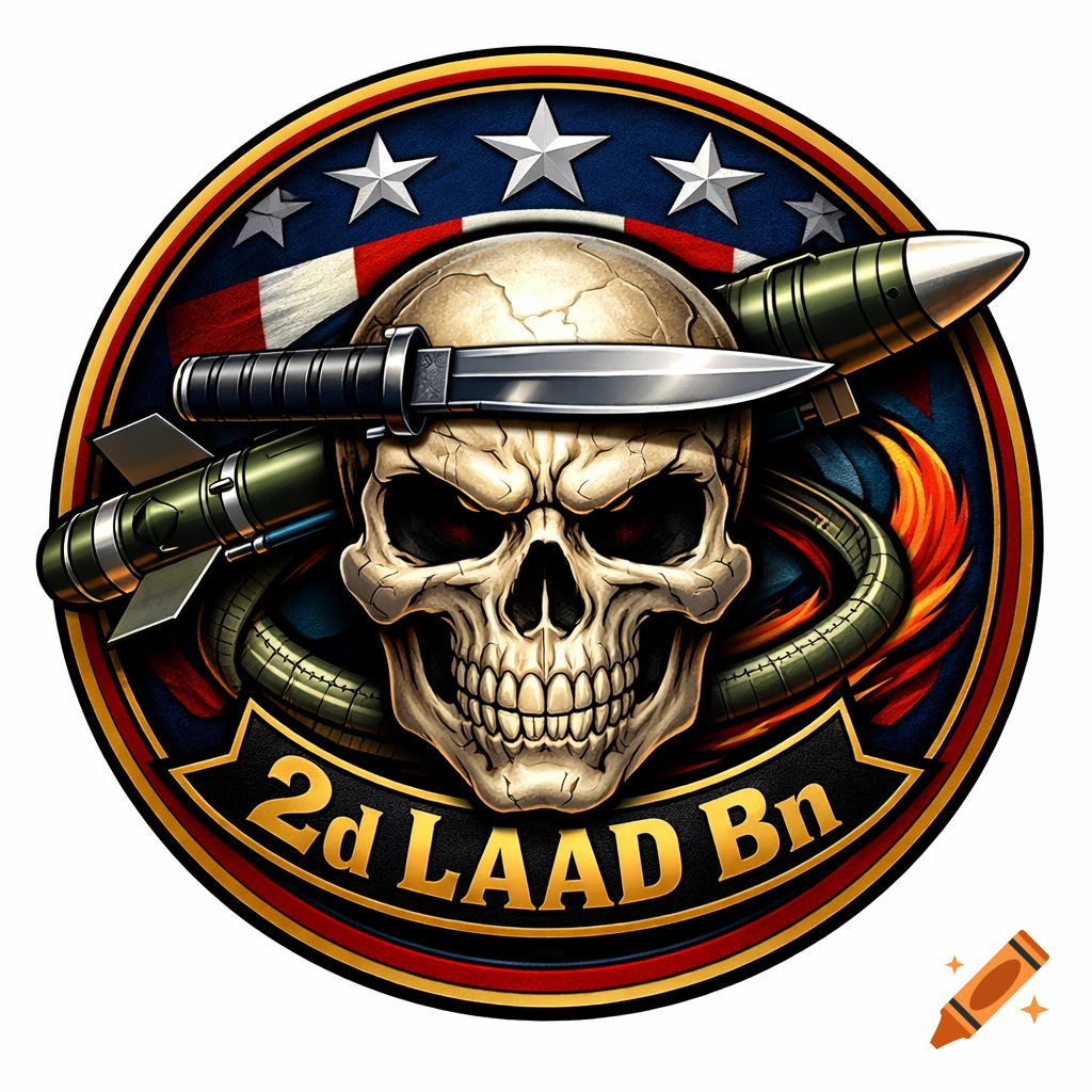 Military emblem with a skull, knife, and stinger missiles, featuring an American flag background and '2d LAAD Bn' text.