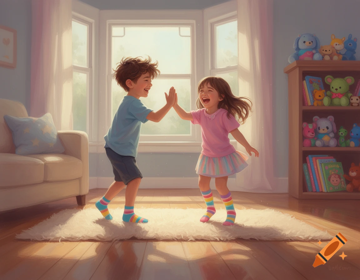 Illustration of a boy and girl high-fiving and laughing in a sunny living room with colorful toys on a shelf.