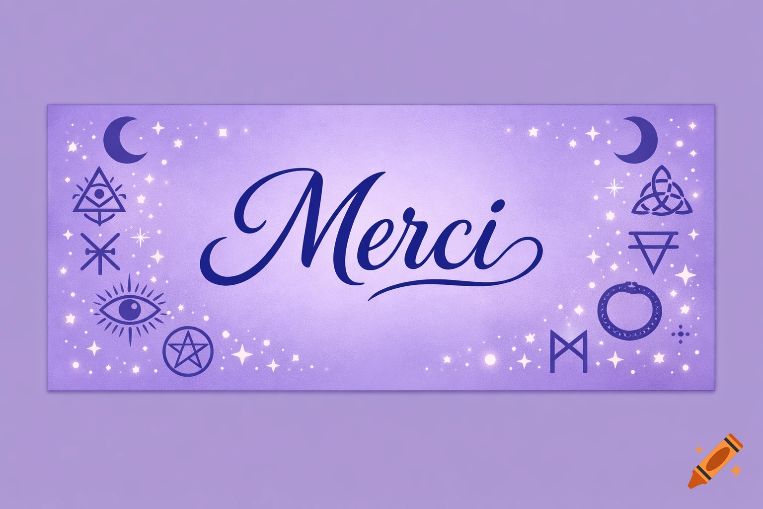 Purple thank you label with 'Merci' in script font, surrounded by glowing stars and various occult symbols.