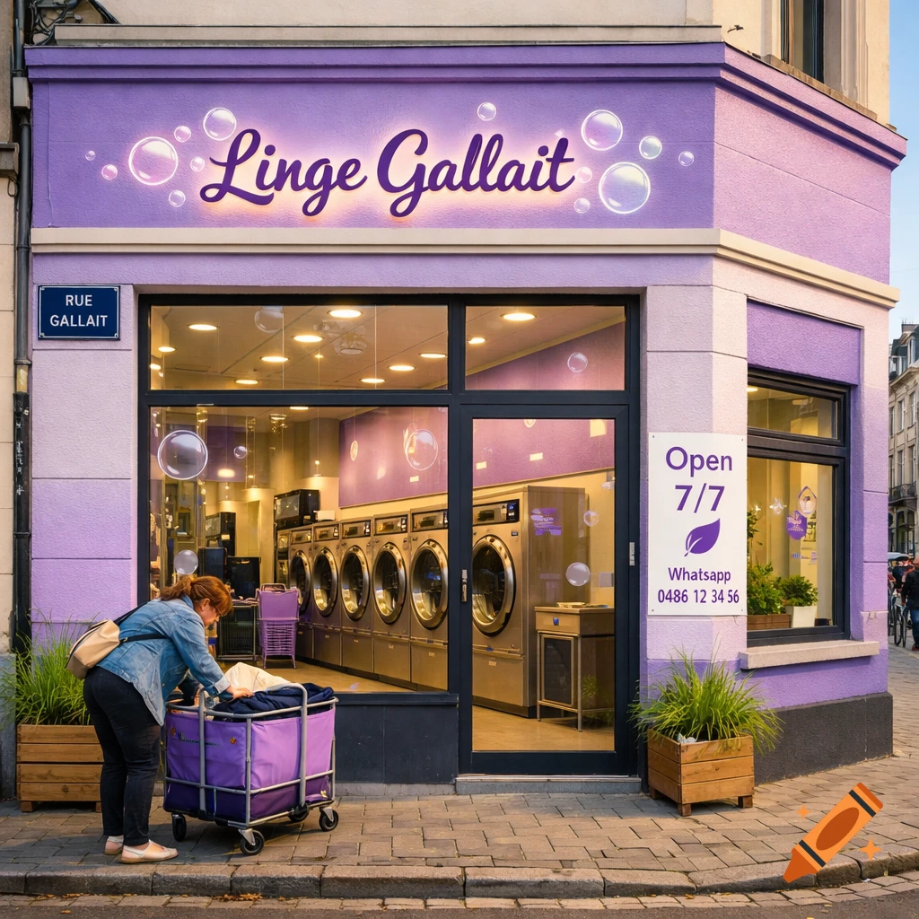 Photorealistic image of a vibrant purple laundromat on a city street corner, with a customer loading a laundry cart.