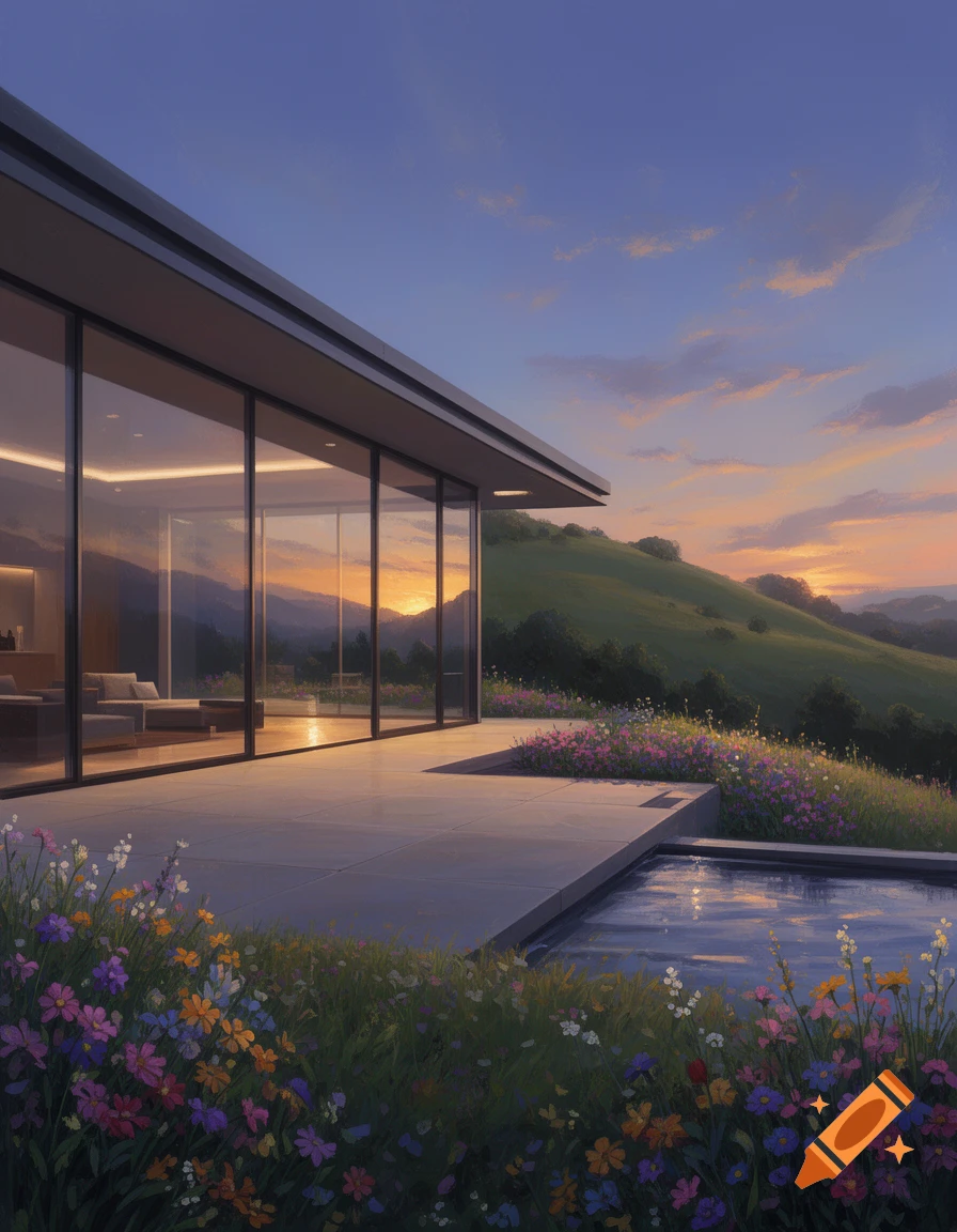 A modern glass-walled house with a flat roof sits on a patio next to a reflective pool, surrounded by wildflowers and green hills at sunset.