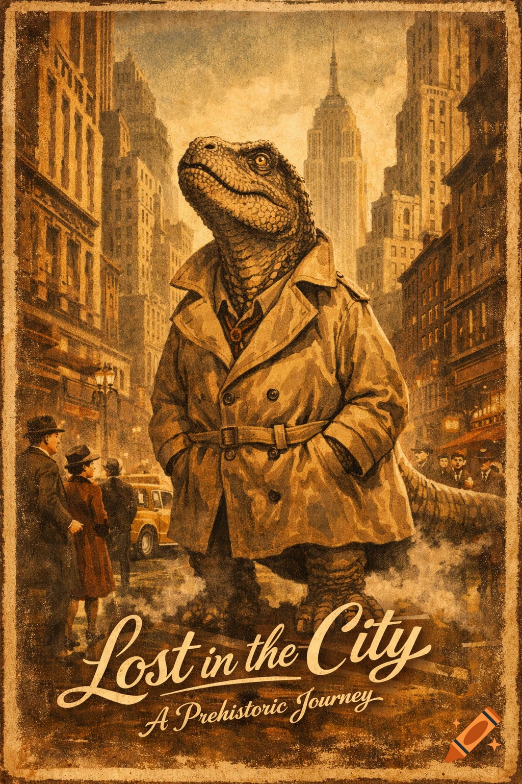 Vintage poster art of a dinosaur in a trench coat on a 1960s New York street with skyscrapers. Text reads 'Lost in the City'.