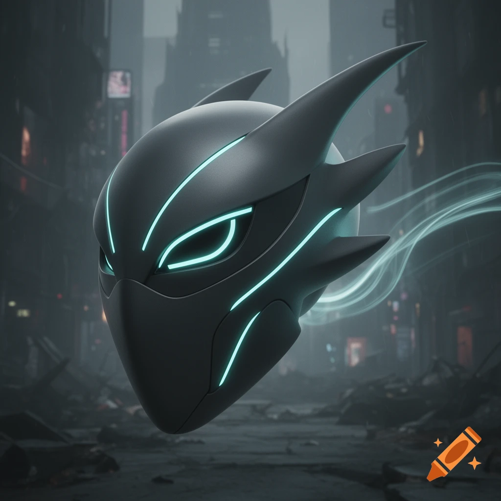 A sleek, dark gray futuristic mask with glowing neon cyan lines for eyes and facial accents, set against a blurry, dystopian city background.