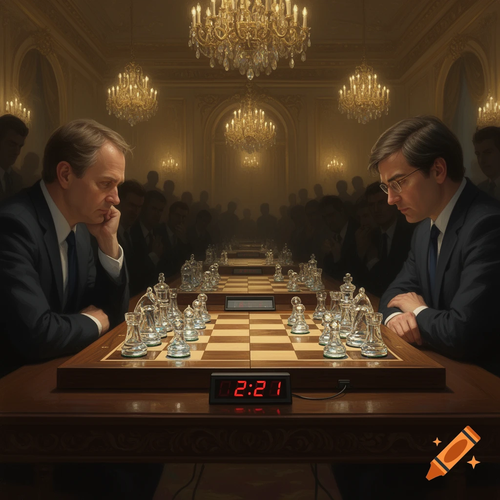 Two men in suits intently play chess on a wooden board with glass pieces and a digital timer, in a grand room with chandeliers.