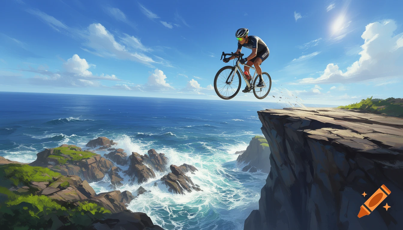 A stylized illustration of a cyclist on a road bike mid-air after jumping off a cliff overlooking a vast blue ocean with rocky shores.