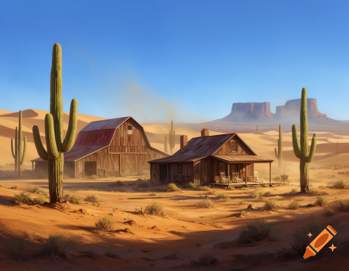 A digital painting of a Wild West ranch in a sandy desert with a barn, house, saguaro cacti, and distant mesas.