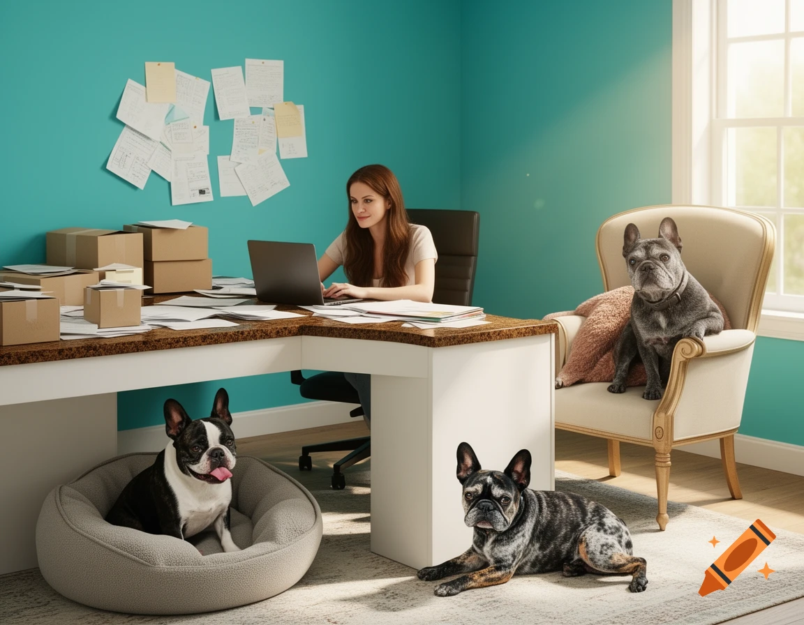 A woman works at an L-shaped desk with papers and boxes in a teal home office, accompanied by three French bulldogs: one black and white in a dog bed, one gray in a chair, and one brindle on the floor, in a photorealistic style.