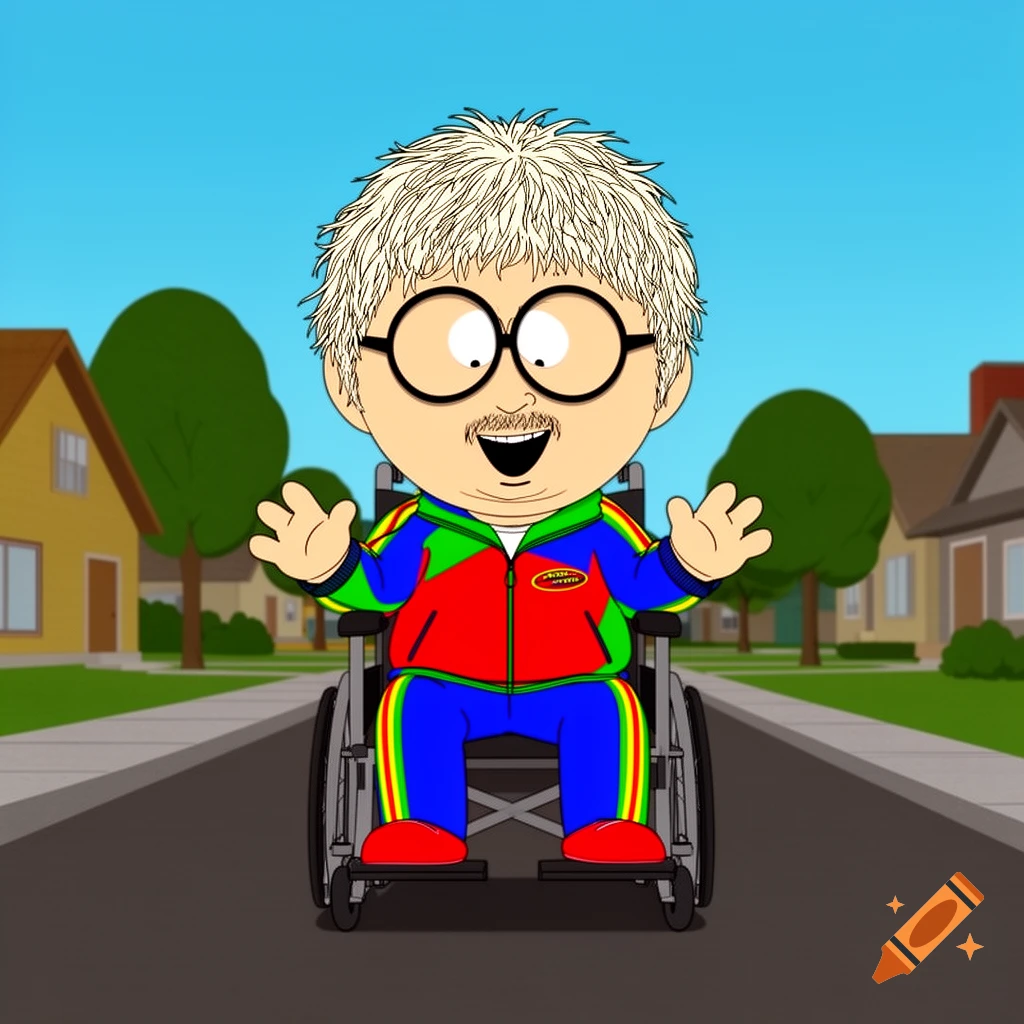 A cartoon character in South Park style, with messy white hair and round glasses, wearing a colorful tracksuit, sitting in a wheelchair on a suburban street.