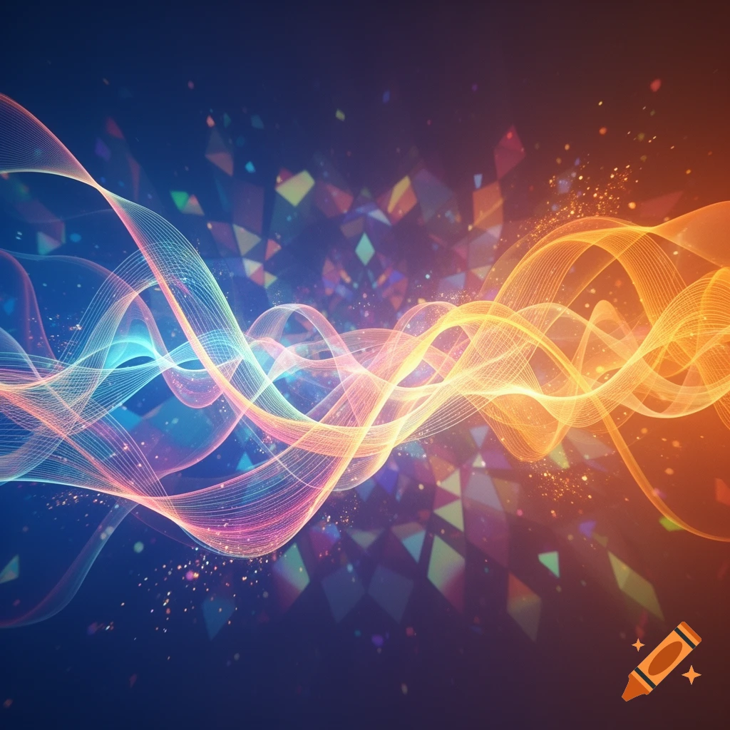 Vibrant abstract digital art with flowing blue, pink, and orange wavy light lines, sparkling particles, and geometric shapes.