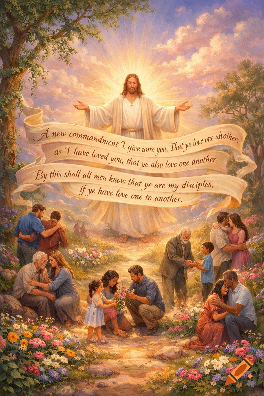 Illustration of Jesus in a radiant sky, arms outstretched, above families showing love and compassion in a flowery landscape. A banner displays a biblical quote.