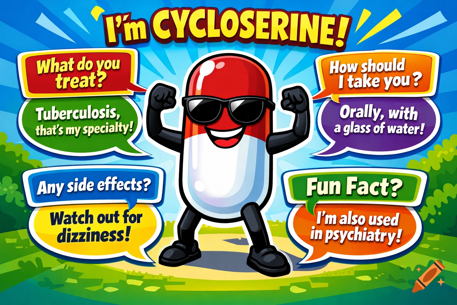 Cartoon cycloserine pill character in sunglasses, surrounded by speech bubbles explaining its uses, dosage, and side effects.