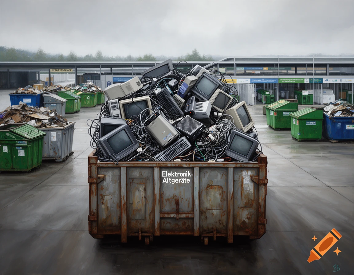 A large dumpster overflowing with old computer monitors, keyboards, and electronics at a recycling center on an overcast day.
