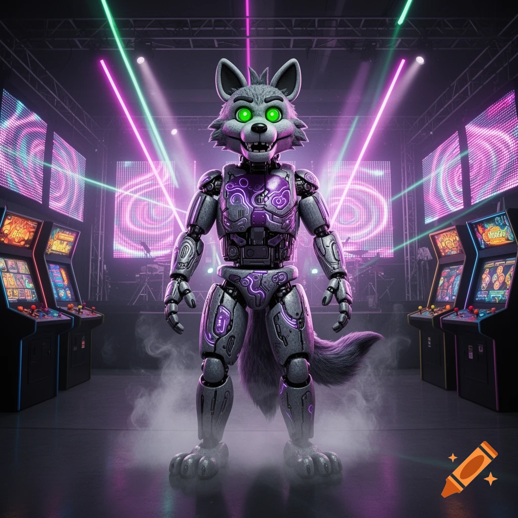 Wolf Like Machine A robotic wolf with glowing green eyes and purple circuitry stands on a ...