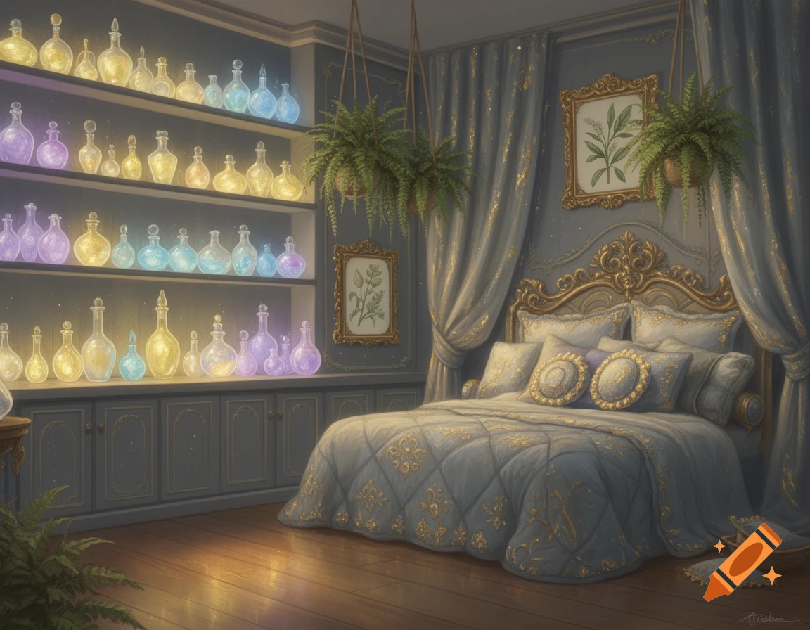 A fantasy apothecary bedroom with shelves of glowing pastel potion bottles, a luxurious bed with golden accents and drapes, and hanging plants.