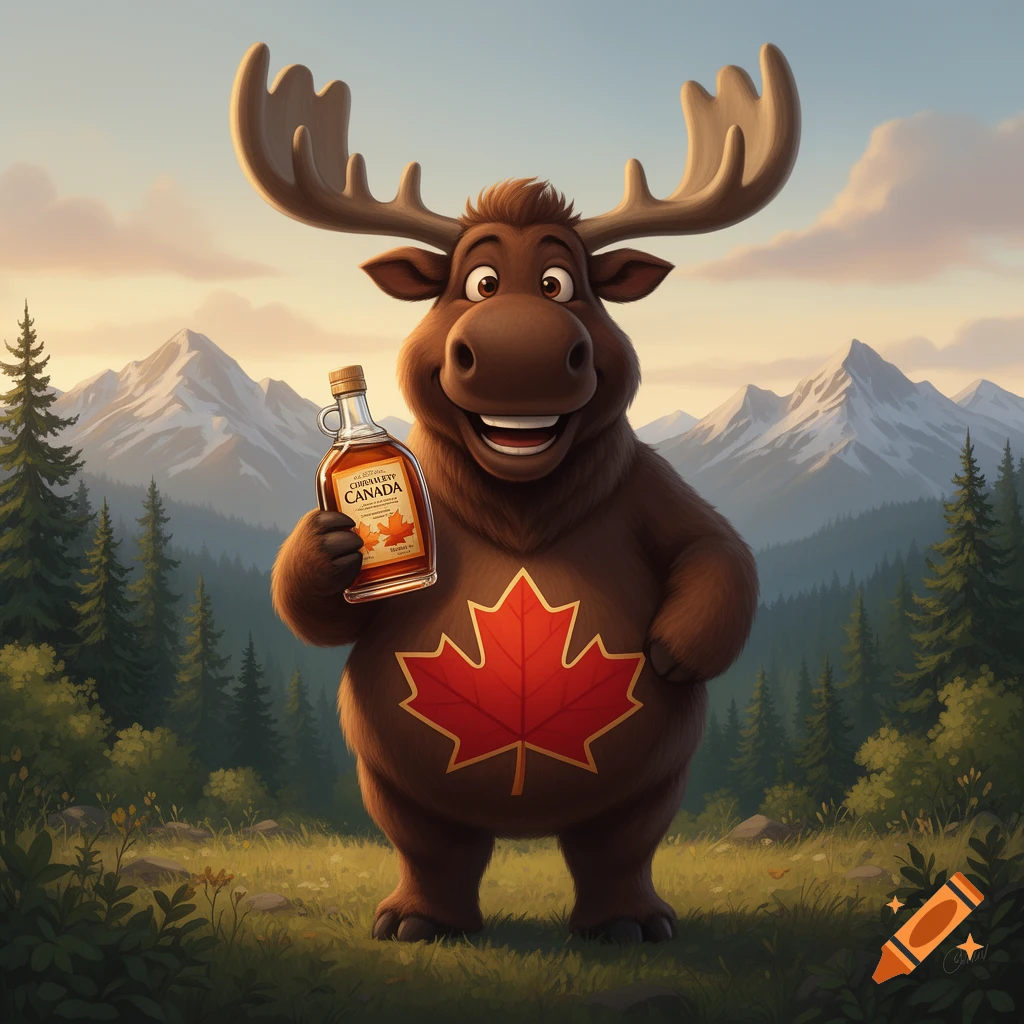 A smiling cartoon moose mascot holds a bottle of maple syrup, with a red maple leaf on its belly. It stands in a forest with mountains.