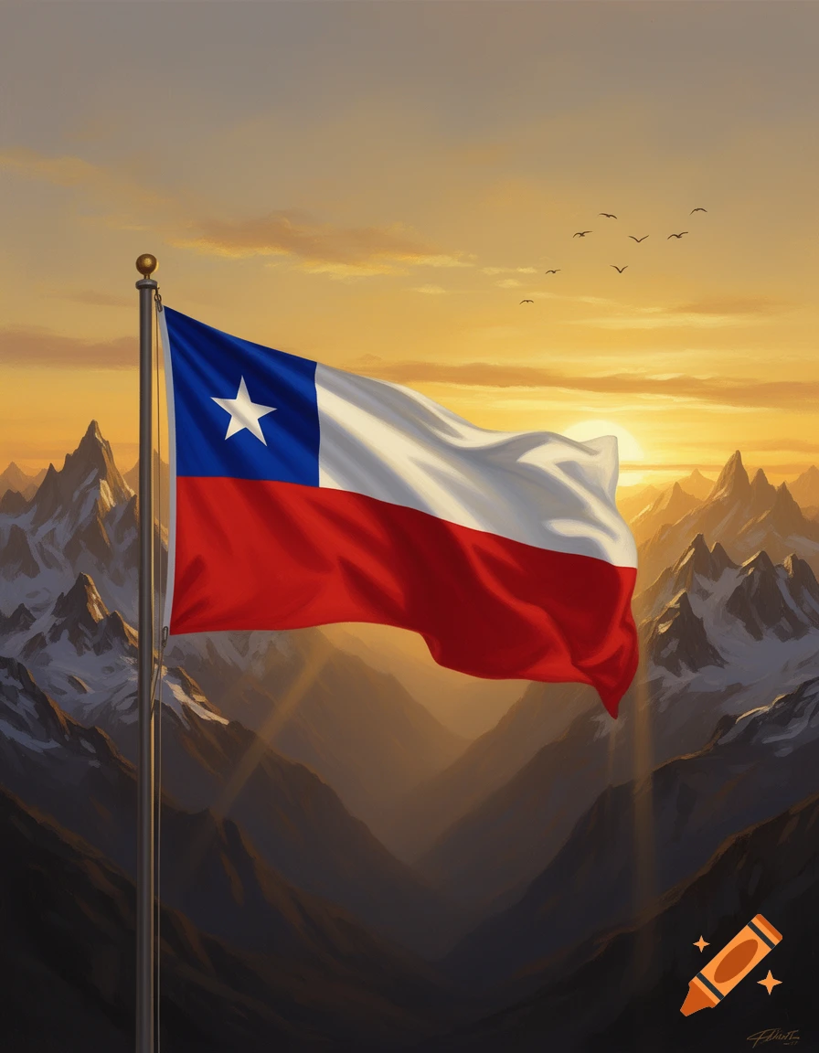 The Chilean flag waves against a backdrop of snow-capped mountains and a vibrant orange sunset, with birds flying in the sky.
