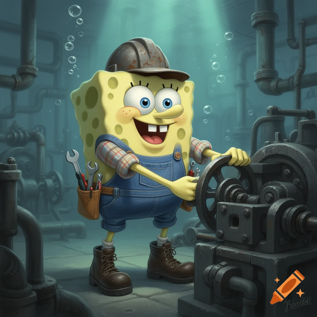 Spongebob Squarepants, wearing blue overalls and a hard hat, turns a large metal wheel in an underwater industrial scene.
