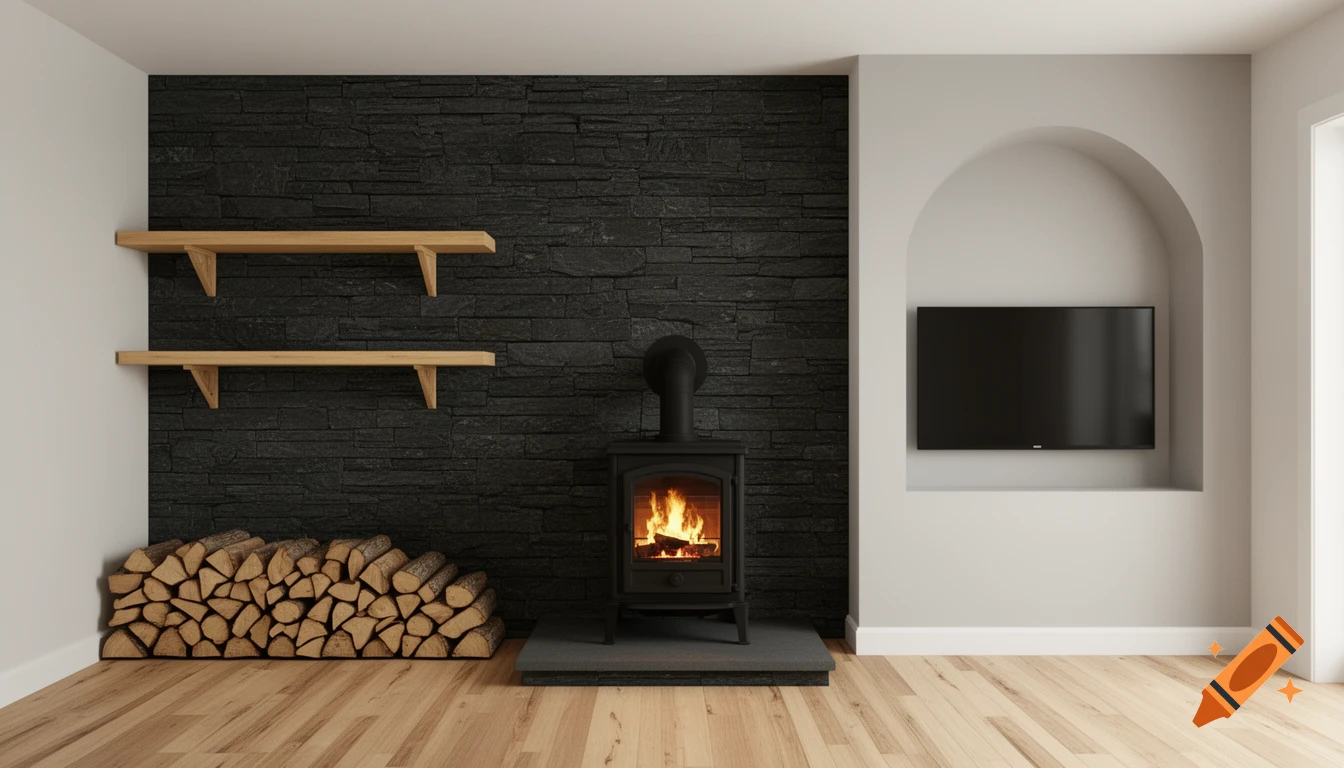 Photorealistic living room with a wood stove, stacked firewood, wooden shelves, and a TV mounted in a gray wall alcove.