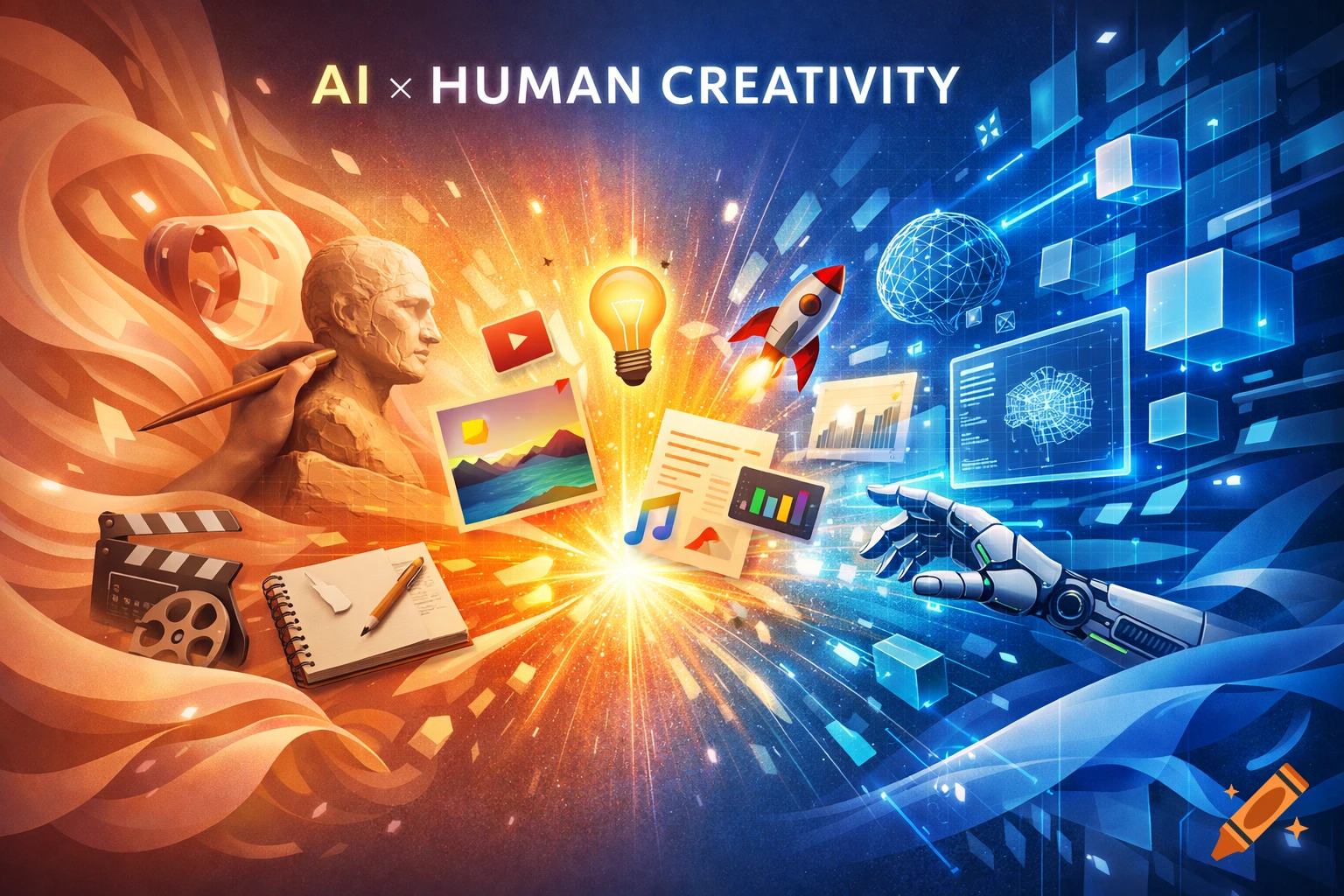 Conceptual split image contrasting human creativity (sculpting, art) and AI technology (robot hand, data). Text: 'AI × HUMAN CREATIVITY'.