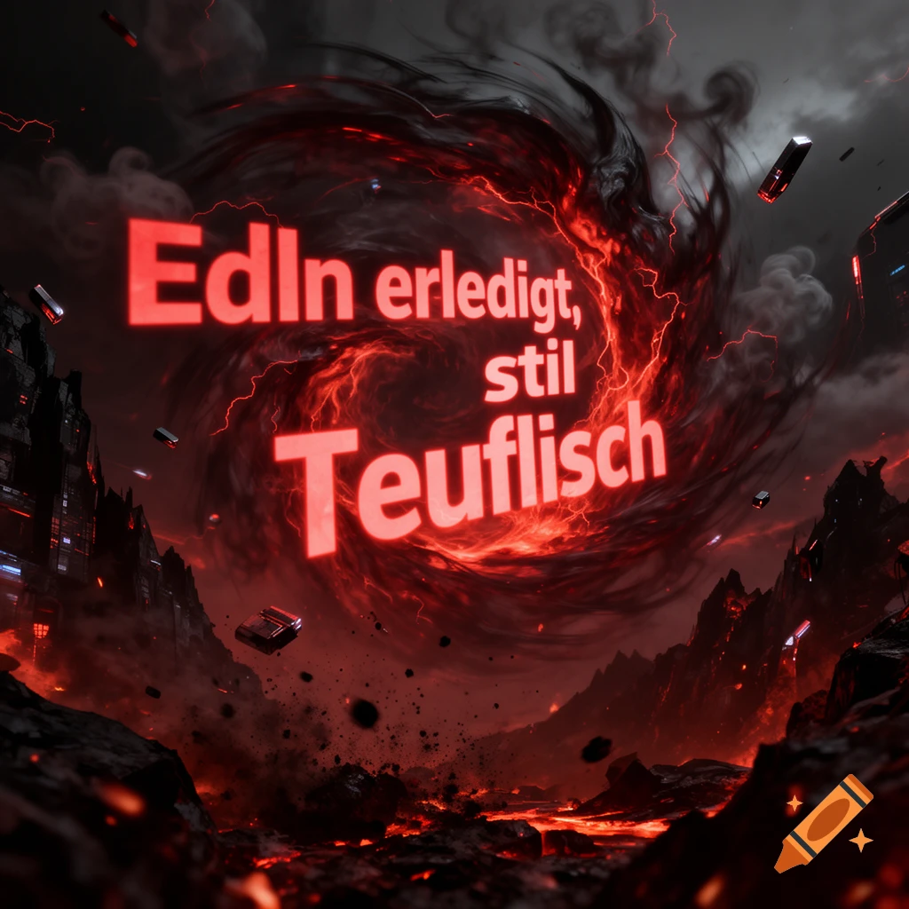 A dark, fiery apocalyptic landscape with a swirling red vortex and glowing red text "Edln erledigt, stil Teuflisch" in the center.