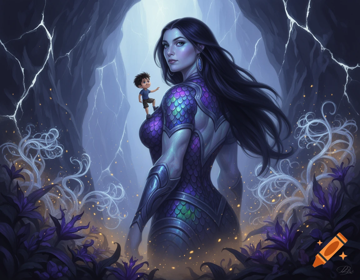 A giant woman with dark hair in a scaled purple-green suit carries a tiny boy on her shoulder in a glowing cracked cave.