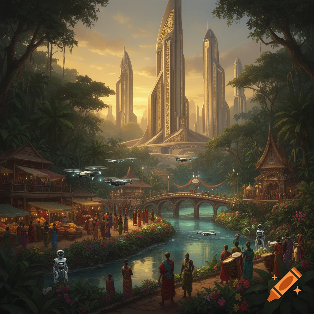 A vibrant Afrofuturistic cityscape with ornate, towering buildings, a bustling market along a river, people, robots, and flying drones.