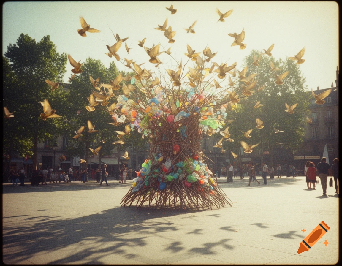 Vintage photograph of a public square with a sculpture of twigs and colorful plastic, surrounded by flying birds.