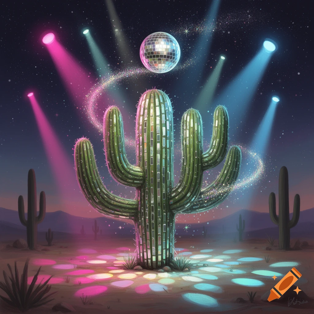 A saguaro cactus transformed into a disco ball, illuminated by colorful spotlights in a desert at night, with sparkling trails.