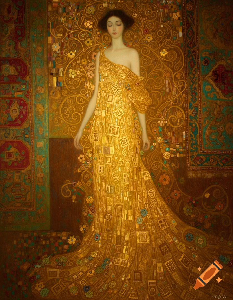 A woman in a shimmering gold, patterned gown stands against an ornate golden background in the style of Gustav Klimt.