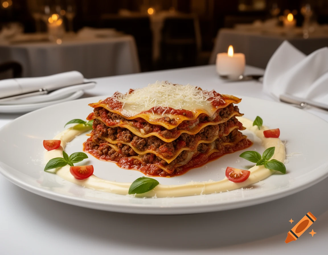 A gourmet, multi-layered lasagna with meat sauce, topped with grated cheese, garnished with basil and cherry tomatoes, served on a white plate in a candlelit restaurant setting. A white sauce is piped around the lasagna.