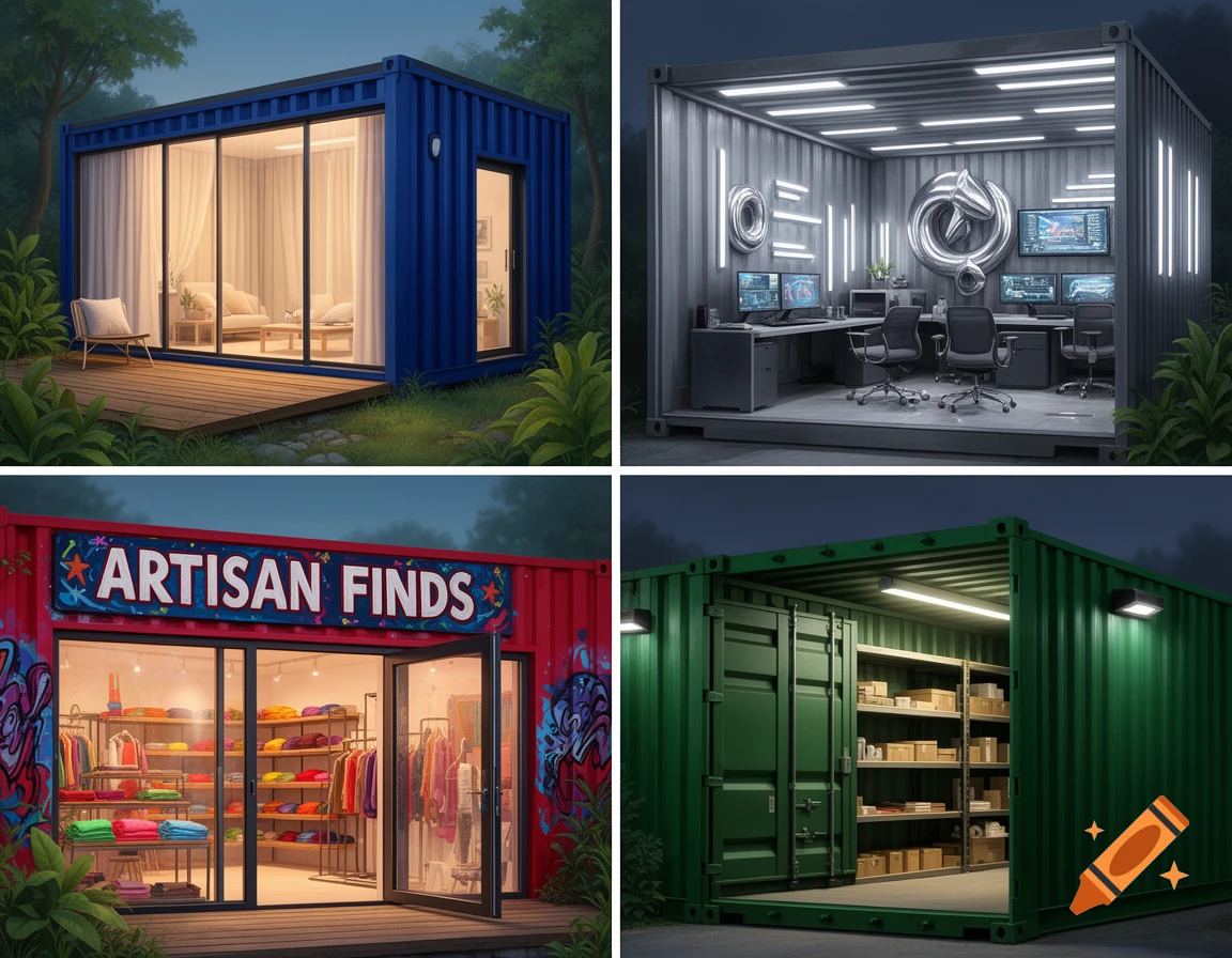 Four-panel visual showing repurposed shipping containers as a blue tiny house, a gray office, a red shop, and a green storage unit.