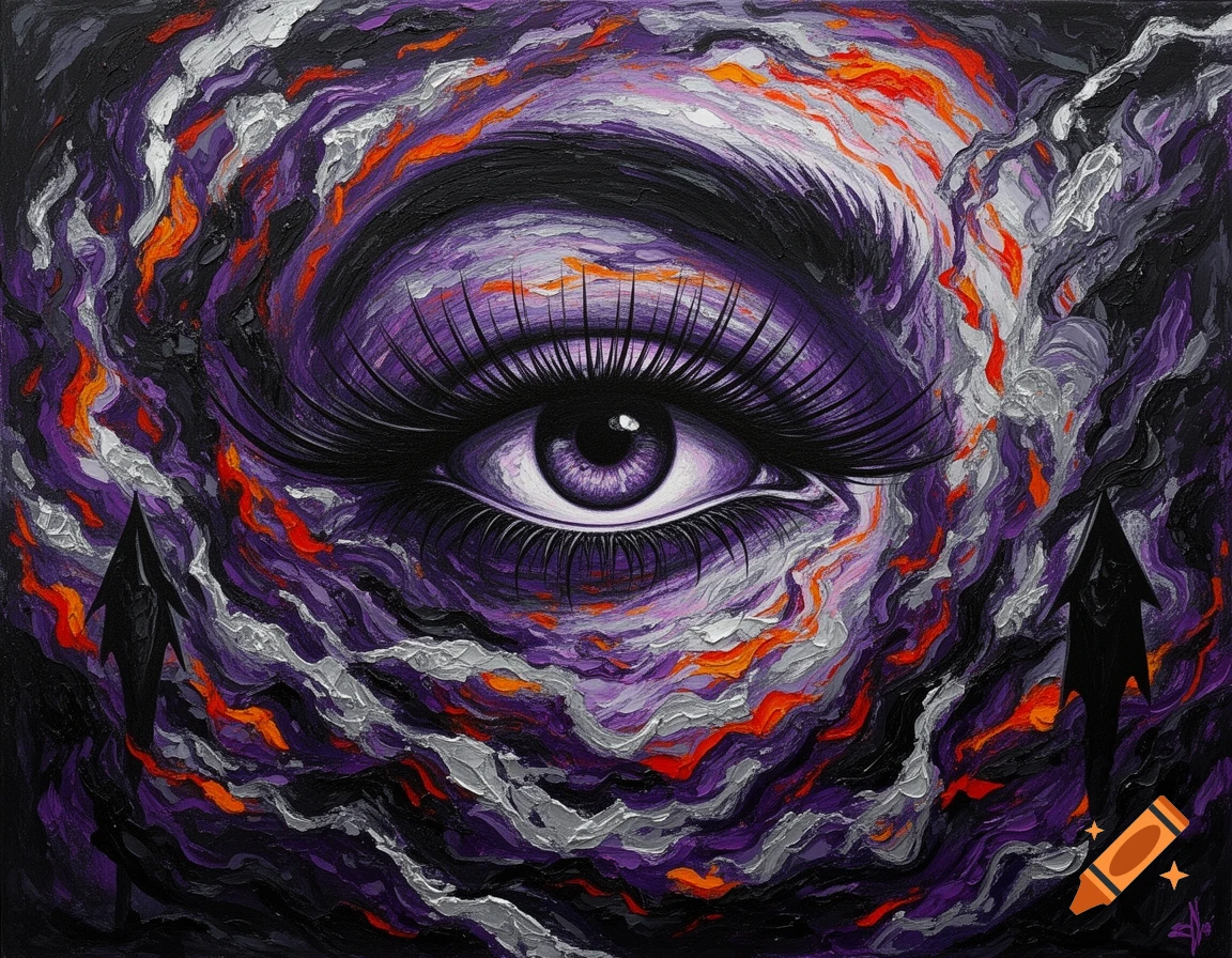 Abstract painting of a vibrant purple eye with long lashes, surrounded by swirling textured strokes in purple, orange, silver, and black.