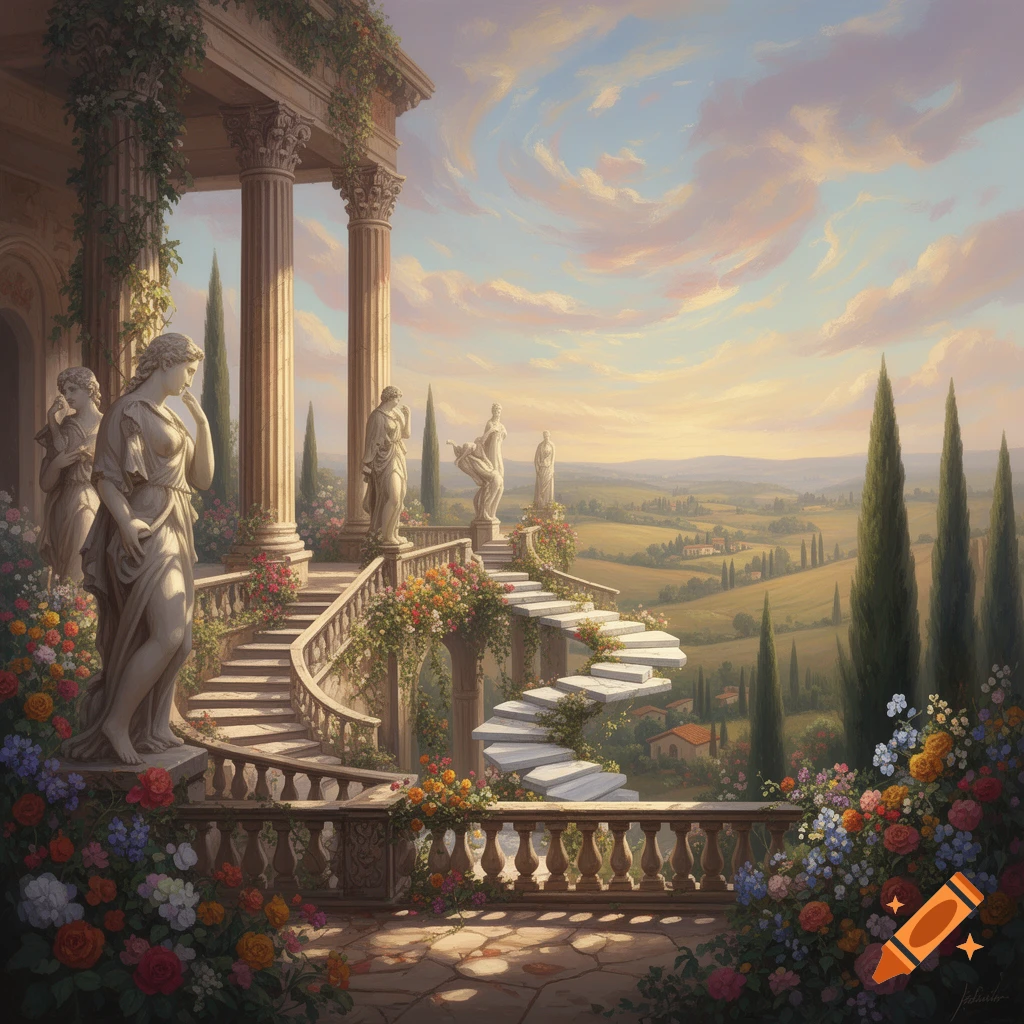 A grand classical balcony and staircase adorned with statues and flowers overlooks a rolling Italian countryside at sunset.