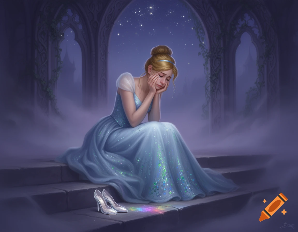 Cinderella crying on stone steps with glass slippers nearby, beneath a starry night sky and castle arches.