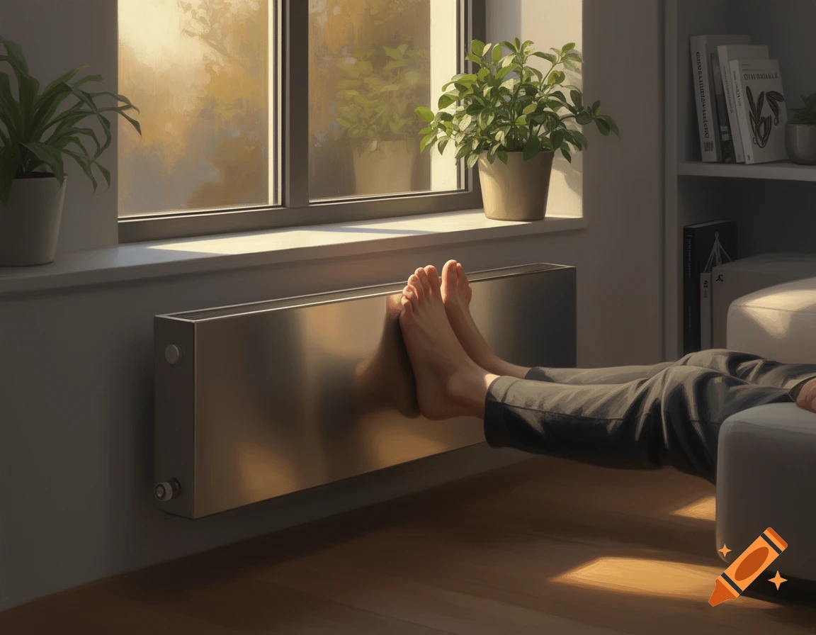 Person warming bare feet on a modern metal radiator by a window with potted plants, photorealistic.