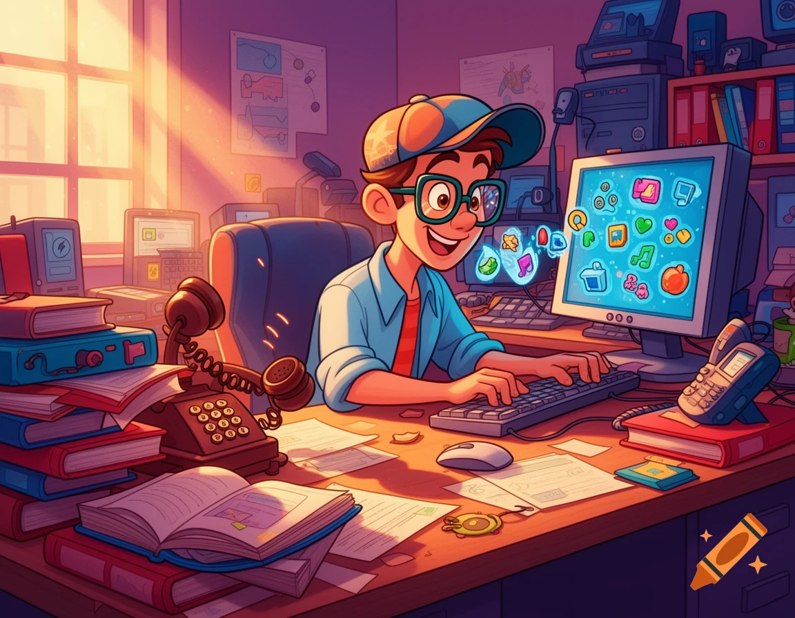 A happy cartoon IT guy in glasses and a cap works on a computer at a cluttered desk with books and telephones in a sunlit office.