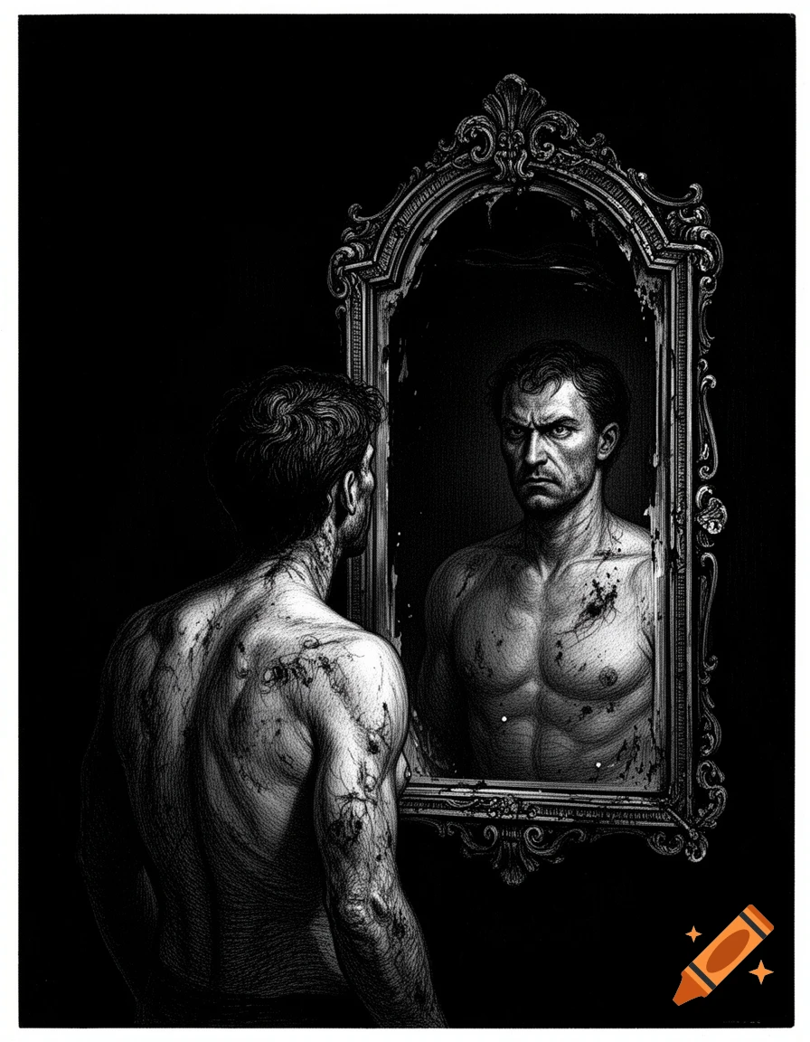 Black and white engraving of a wounded man looking into an ornate mirror, his reflection appearing angry.
