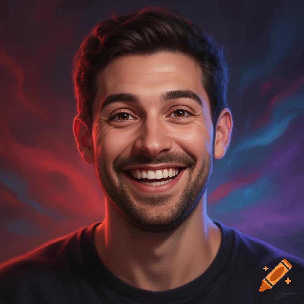 A smiling man with a beard and brown hair against a red and blue abstract background, photorealistic style.