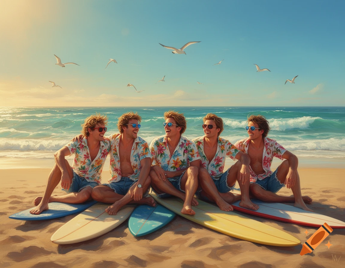Five smiling men in Hawaiian shirts and shorts sit on colorful surfboards on a sunny beach, with the ocean and seagulls in the background.