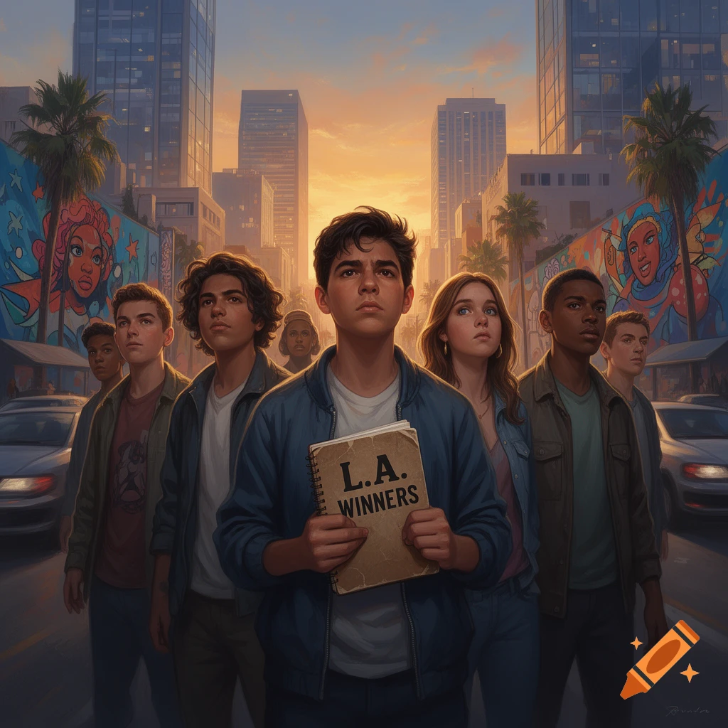 A diverse group of young people stands on a city street at sunset, looking up, with murals and tall buildings in the background. The central figure holds a notebook titled 'L.A. Winners'.