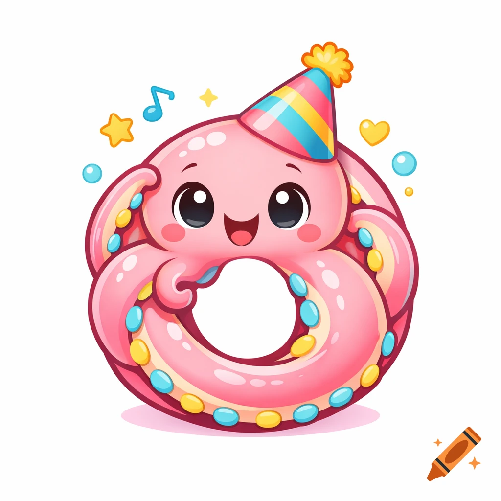 A cute pink cartoon octopus forms the letter O, wearing a striped party hat, surrounded by festive musical notes and stars.